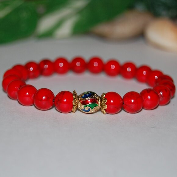 Red Howlite Bracelet,Coloful Golden Charm,8mm Stone Beads - Picture 1 of 2